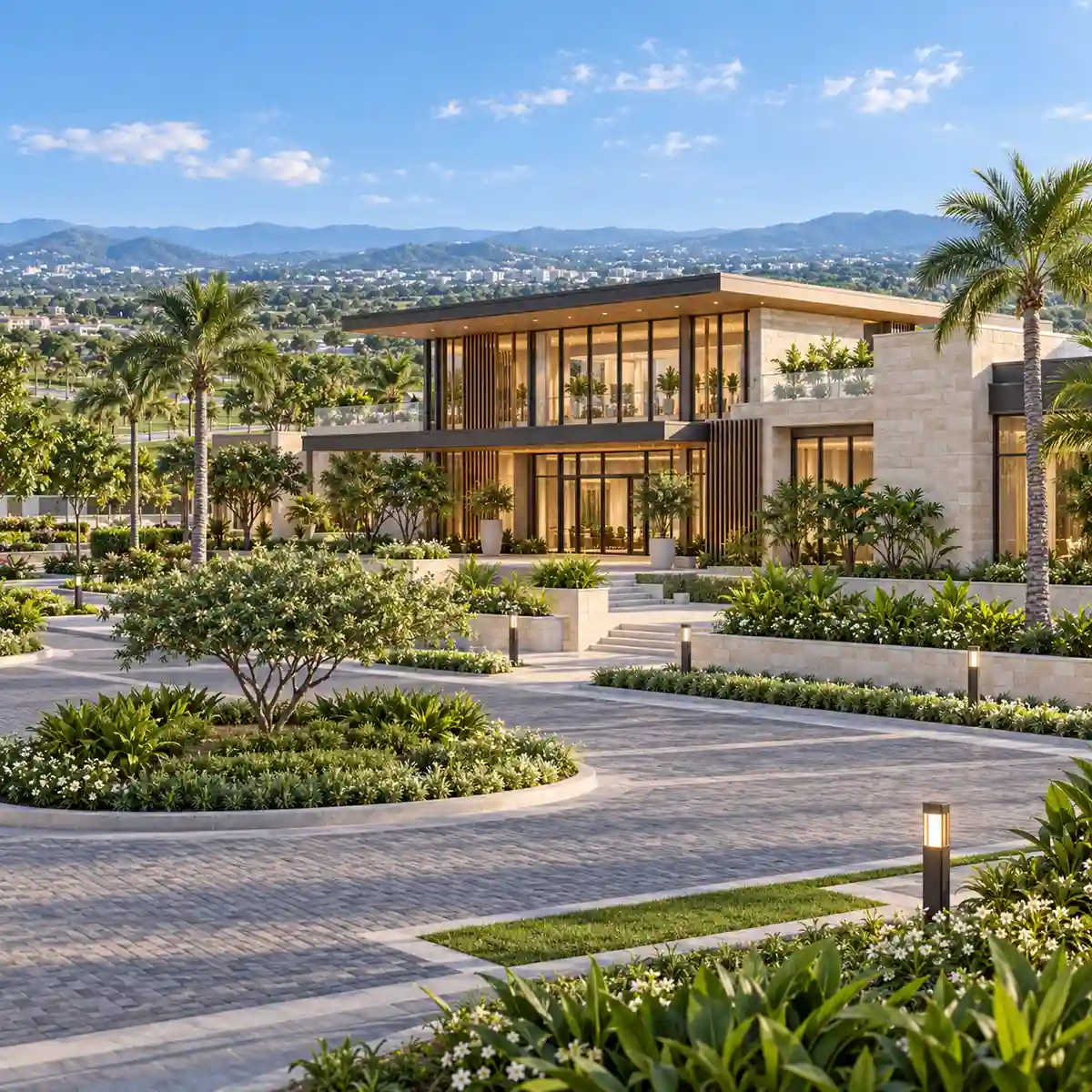 Concorde Doddaballapur glass and stone clubhouse with a terrace and landscaped driveway, artist's impression Concorde Doddaballapur glass and stone clubhouse with a terrace and landscaped driveway, artist's impression
