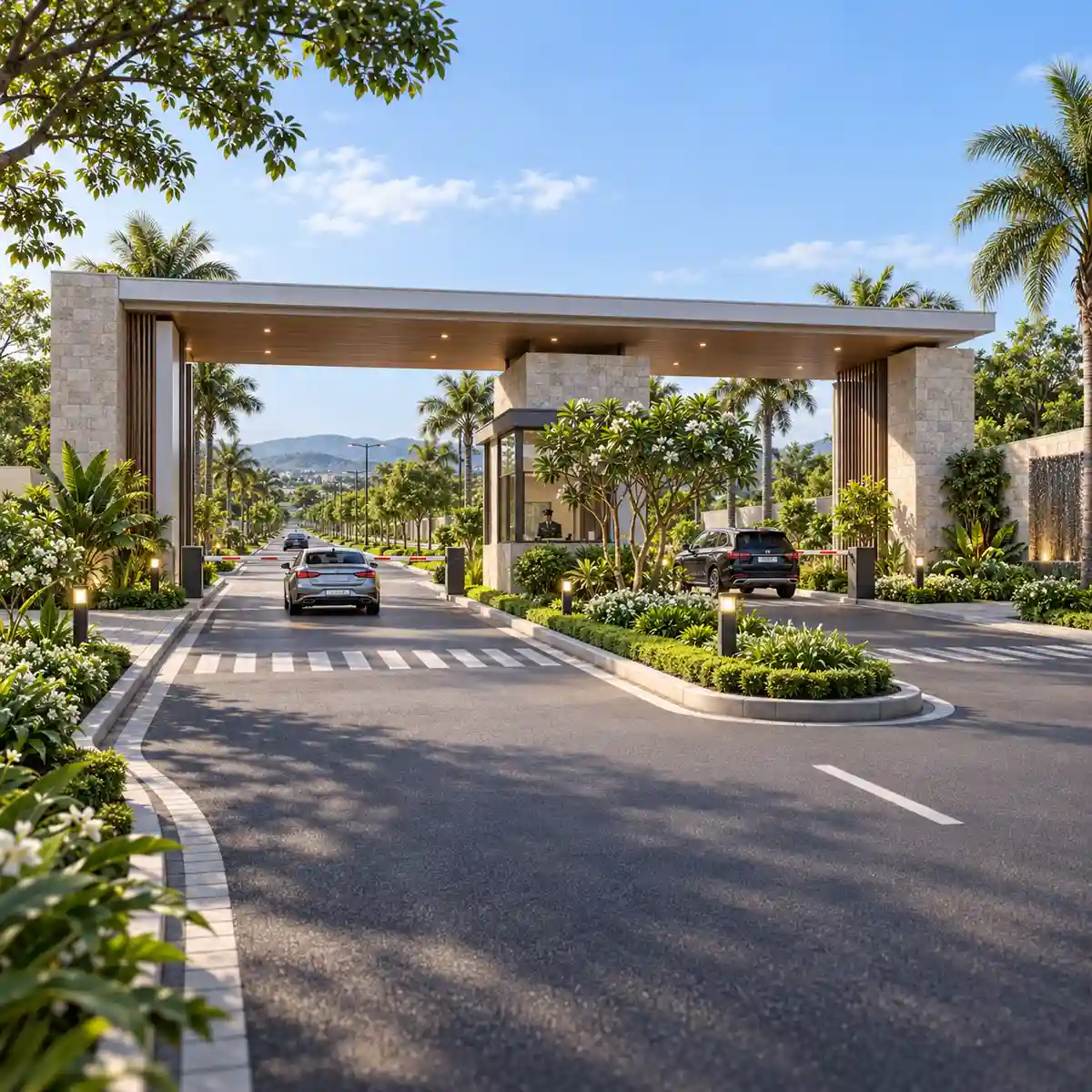 Concorde Doddaballapur gated entrance with a stone-clad canopy, landscaped median and a zebra crossing, artist's impression