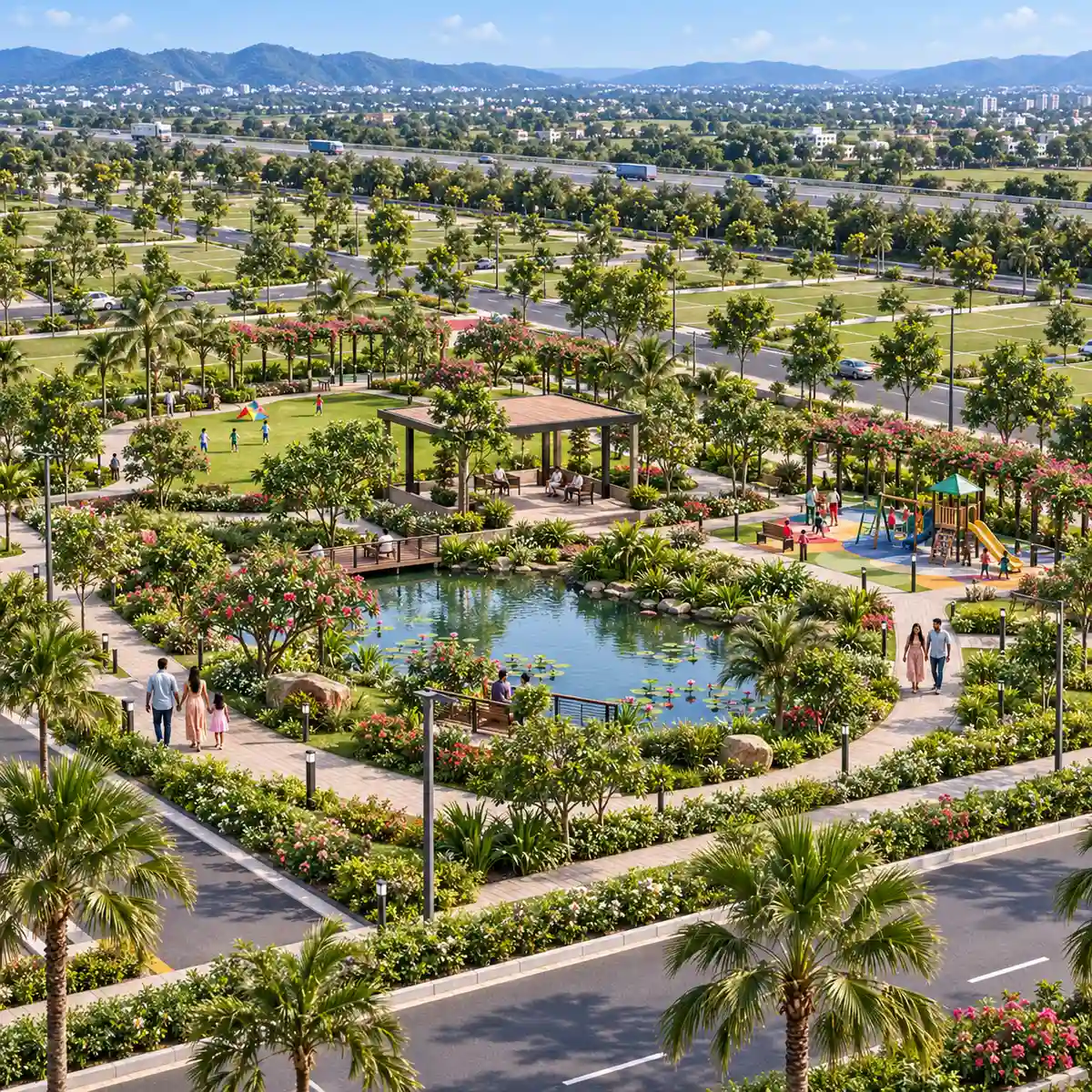 Concorde Doddaballapur themed park with a pond, a seating pavilion, a children's play corner and walkers, artist's impression Concorde Doddaballapur themed park with a pond, a seating pavilion, a children's play corner and walkers, artist's impression