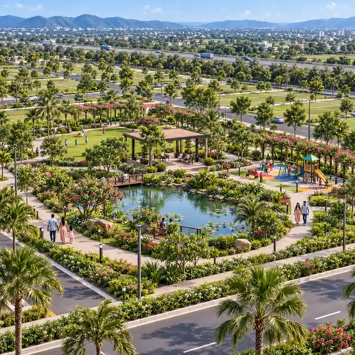 Concorde Doddaballapur themed park with a pond, a seating pavilion, a children's play corner and walkers, artist's impression Concorde Doddaballapur themed park with a pond, a seating pavilion, a children's play corner and walkers, artist's impression